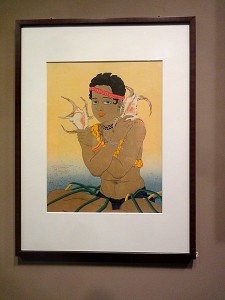 Jacoulet Basilio jeune garçon de Saipan tenant des coquillages. Mariannes 1934